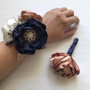 Navy, Rose Gold and Cream Wrist Corsage or Boutonni¡§¡§re