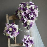 Faux Purple Flowers Cascading Bridal Bouquet, Plum Bridesmaids Bouquet, Real Touch Calla Lily, Rose, Lily, Handmade Bouquet/Boutonniere