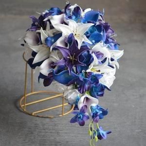 Faux Plum Blue And White Wedding Bouquets, Designed In Real Touch Artificial Flowers, Roses, Orchids, Calla Lilies, Starfishes, And Crystals