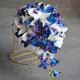 Faux Plum Blue And White Wedding Bouquets, Designed In Real Touch Artificial Flowers, Roses, Orchids, Calla Lilies, Starfishes, And Crystals