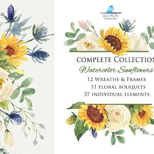 The Complete Collection "Watercolor Sunflowers", Large Bundle of Sunflower Designs, Elements, Sunflower Wreaths & Frames, Sunflower Wedding