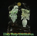 12" Old China Natural Emerald Jadeite Peony Flower Pomegranate Bottle Pair