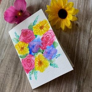 Garden Roses Sunflowers Flower Bouquet Handmade Card Original Watercolour Painting Birthday Card Thank You Inspirational Gift For Gardener