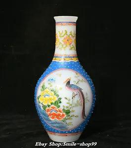Colored Glaze Painting Fengshui Peony Flower Phoenix Bird Bamboo Bottle Vase