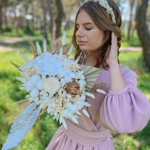 Luxury wedding dried flowers bouquet, bohemian rustic bridal bouquet, white natural wedding floral set, flowers crown, groom boutonniere