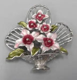 Vintage Flower Basket Brooch Enamel Bouquet Floral Arrangement Pink Lilies 1.75"