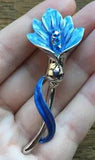 Pretty Blue Enamel Flower Brooch/Rhinestone/Striking/Lily/Silver Tone