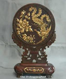 11.8" Antique Old China Purple Bronze Gold Dynasty Phoenix Peony Flower Screen