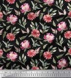 Soimoi Black Velvet Fabric Leaves & Peony Floral Printed Fabric-xfv