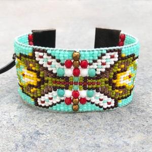 Beaded woven loom leather bracelet, seed bead tribal, aztec, boho, southwestern friendship cuff in aqua