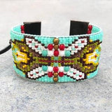 Beaded woven loom leather bracelet, seed bead tribal, aztec, boho, southwestern friendship cuff in aqua