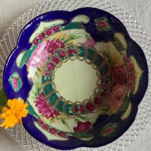 Antique Royal Nippon cobalt blue floral decorative bowl rose bouquet Moriage Gold gilt Kutani mark
