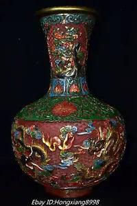 20"Old China Dynasty lacquerware Dragon Peony Flower Vase Bottle Pot Jar