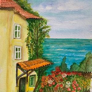 Handpainted Watercolor Original Artwork - Summer House with Sea View
