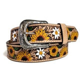 LEATHER BELT for WOMEN, Handmade, Western, Boho , With Removable Buckle, Brown , Belt with Sunflower, Embossed, Bohemian, Gift for Her