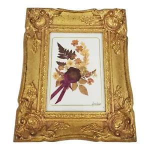 Vintage Framed Dried Pressed Flowers Artwork Signed Ornate Gold Victorian Frame