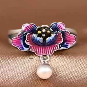 S925 Sterling Silver Women Lucky Pink Peony Flower Band Ring Open Size