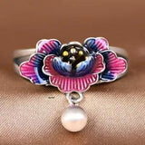 S925 Sterling Silver Women Lucky Pink Peony Flower Band Ring Open Size