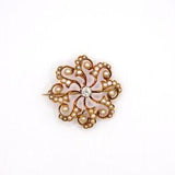 Antique American 14k Gold Seed Pearl and Diamond Flower Style Brooch. Circa 1890-1915.