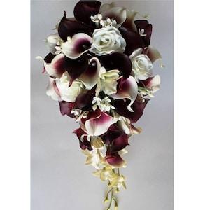 Cascade Wedding Calla Lily Bouquet Cramberry Bouquet Bridal Bouquet Real Touch Burgundy Calla Lily Bridal Bouquet Wedding  Bouquets