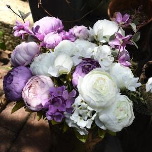 FiveSeasonStuff 2 Bundles of White & Purple Silk Peonies Artificial Flower Bouquet