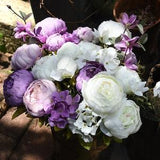 FiveSeasonStuff 2 Bundles of White & Purple Silk Peonies Artificial Flower Bouquet