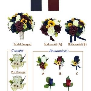 Beautiful Fall Wedding Package - Marine Navy, Wine burgundy, and Sunflowers Keepsake Artificial Flowers -Build Your Package