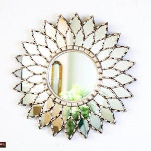 Silver Round Mandala Mirror 17.7" from Peru, Ornate Accent Wall Sunflower Mirror "Glowing Mandala", Peruvian mirror for wall decorative