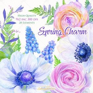 Anemone Ranunculus Spring Flowers Floral Bouquet Watercolor Clipart Hand Painted Clip Art DIY Wedding invitations Bridal Greeting card