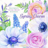 Anemone Ranunculus Spring Flowers Floral Bouquet Watercolor Clipart Hand Painted Clip Art DIY Wedding invitations Bridal Greeting card