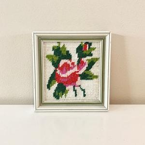 Vintage Rose Cross Stitched, Flower Needle Point Framed Wall Art 1970s