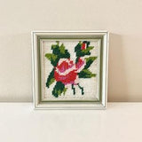 Vintage Rose Cross Stitched, Flower Needle Point Framed Wall Art 1970s