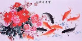 ORIENTAL ASIA ART CHINESE FAMOUS WATERCOLOR PAINTING-Koi fish carps&Peony flower