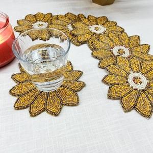 Handmade yellow sunflower shape beaded coasters - Set of 6