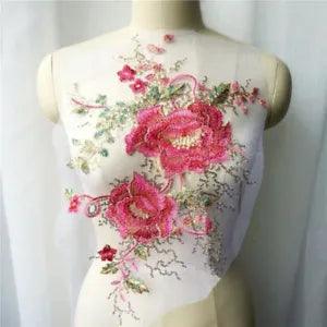 Pink Peony Flower Gold Sequin Lace Fabric Embroidered Wedding Gown DIY Appliques