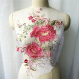 Pink Peony Flower Gold Sequin Lace Fabric Embroidered Wedding Gown DIY Appliques