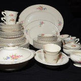 Set for 8 MYOTT Staffordshire Bone China dinnerware set 65 pieces plate Vintage floral England black rim pink blue bouquet 4254