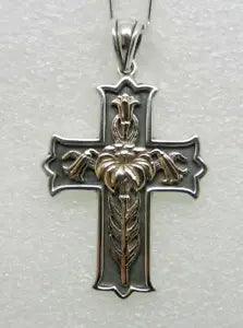 ?JAMES AVERY RETIRED SILVER & 14K GOLD LILY FLOWER CROSS PENDANT- RARE - LB-C2218
