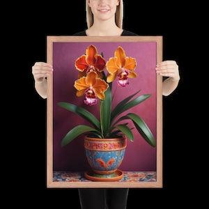 3d Orchid Plant Print Framed Wall Art Orange Cattleya Orchid Art Print