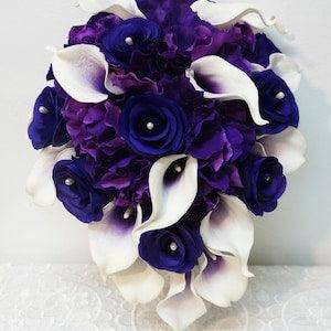 JennysFlowerShop 12??W Real Touch Calla Lily Wedding Bride Bouquet in Purple Silk Roes Hydrangeas Cascading