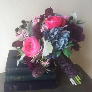 Wedding Bouquet, Bridal Bouquet, Peony Bouquet, Boho Bouquet, Silk Wedding Flowers, Thistle Bouquet, Greenery, Blue Sea Holly, Plum Purple