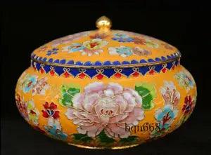 7" China old Bronze Cloisonne Enamel Peony Flower Storage tank Box