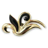 Modernist Brooch Swan Flower Lily Swirl Black Enamel Gold Tone Asymmetric Pin 3"