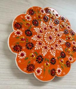 Ceramic Handmade Hand Painted Scalloped Turkish Trivet Orange Carnations