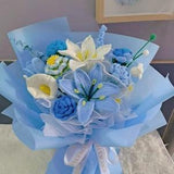 Blue bouquets, crochet roses,lilies, delicate gifts, for girlfriend, holding flowers, finished bouquets,artiicial flower, lily of the valley