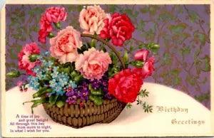 Vintage Postcard Birthday Greetings Basket of Peony Flowers, A Time of Joy
