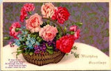 Vintage Postcard Birthday Greetings Basket of Peony Flowers, A Time of Joy