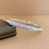 Pure S999 Sterling Silver999 Vintage Peony flower Bracelet Bangle OPEN-CUFF