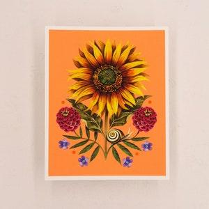 SUNFLOWER - 8?? X 10?? art print, nature print, botanical illustration, flower art, wall art, ink painting, garden, zinnia, snail, gift idea