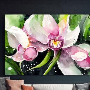 Ice Orchid Abstract Print, Pale Pink Home Decor, Jewel Tone Floral Wall Art, Green Accents, UK Artist